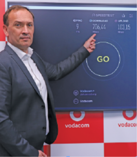 Vodacom Group CTO Andries Delport presents the speeds achieved in the South African trial. The tests were conducted over a live 5G mobile network in Midrand and independently evaluated by test experts MyBroadband and Ookla.